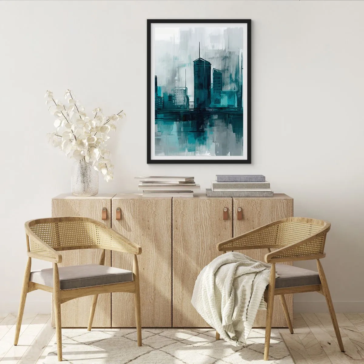 Poster in einem schwarzem Rahmen - Ein modernes Stadtpanorama in Blautönen - 50x70cm - Eine Stadt in der Farbe des Regens - Moderne Wanddekoration für Wohnzimmer und Schlafzimmer ARTTOR