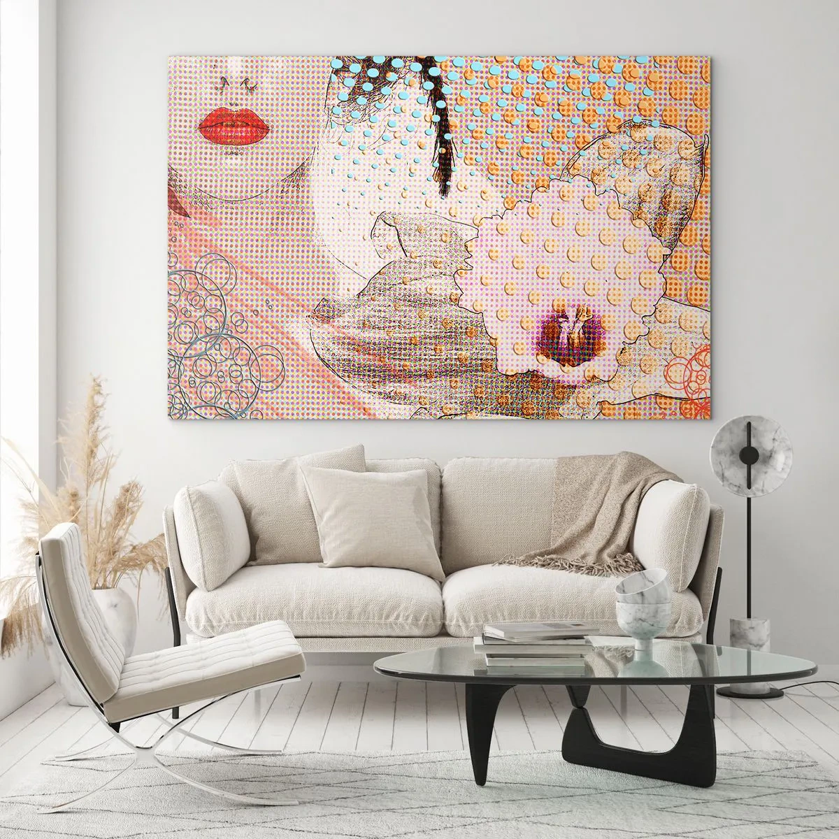 Glasbild - Bild auf glas - Illustration eines Frauenporträts mit einer Blume im Hintergrund im Pop-Art-Stil - 100x70cm - Comic-Heldin - Moderne Wanddekoration für Wohnzimmer und Schlafzimmer ARTTOR