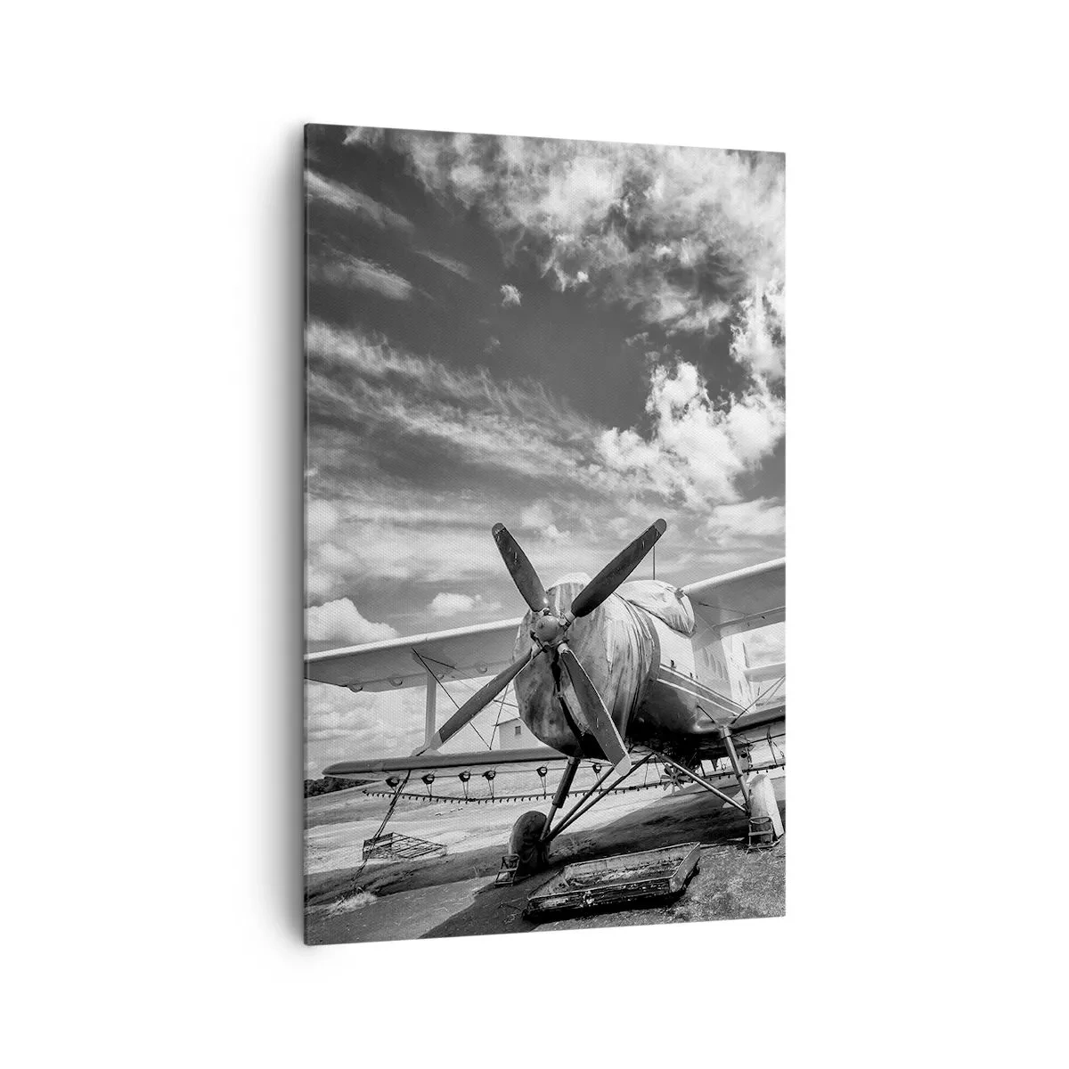 Bild auf Leinwand - Leinwandbild - Ein altes Flugzeug auf dem Flughafen in Schwarz und Weiß - 80x120cm - Ich kann es kaum erwarten! - Moderne Wanddekoration für Wohnzimmer und Schlafzimmer ARTTOR