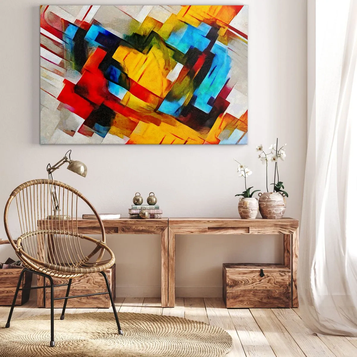 Bild auf Leinwand - Leinwandbild - Abstrakte geometrische Komposition in lebendigen Farben - 120x80cm - Ein bunter Interleaver - Moderne Wanddekoration für Wohnzimmer und Schlafzimmer ARTTOR