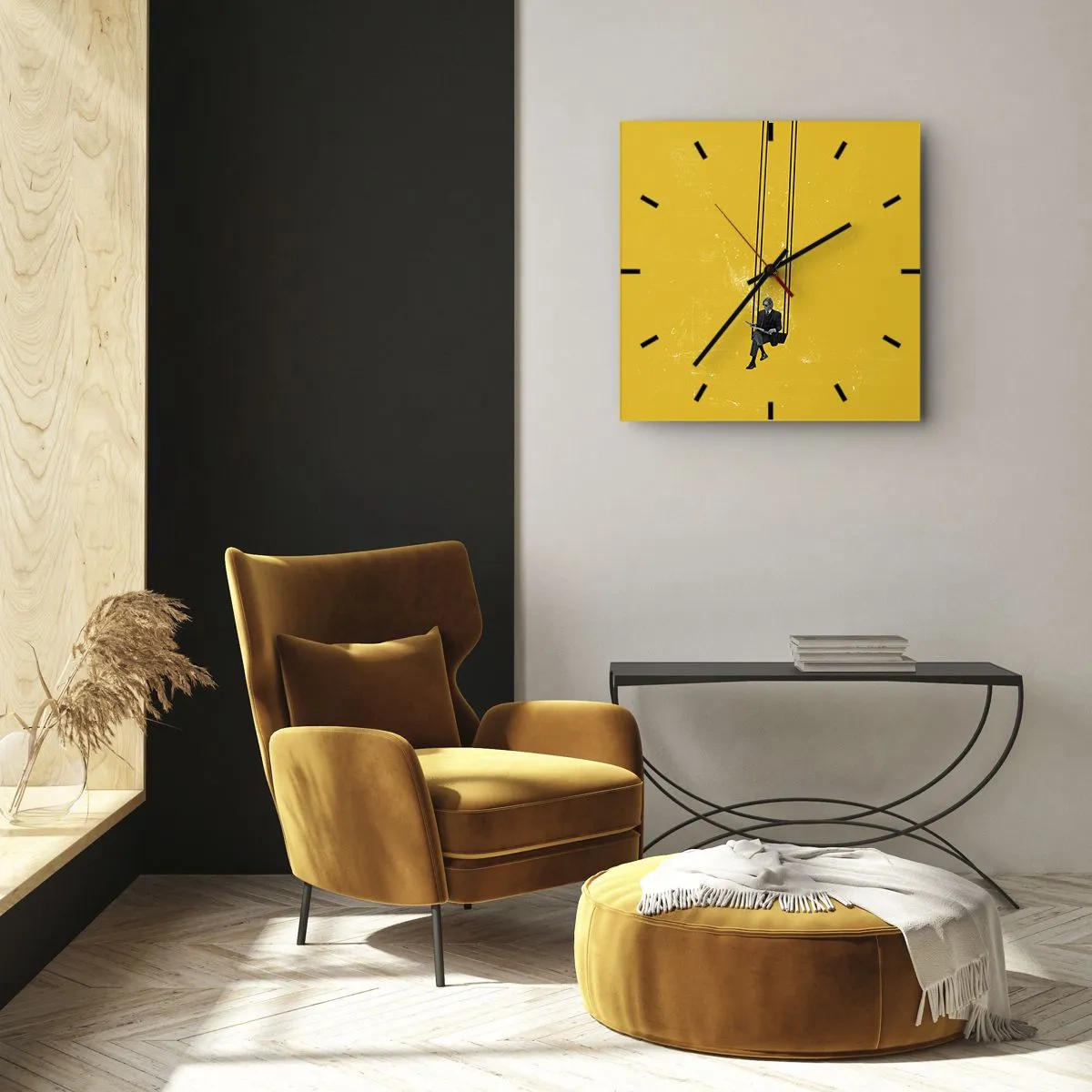 Wanduhr - Glasuhr - Eine Person auf einer Schaukel vor einem intensiv gelben Hintergrund - 30x30cm - Tag wie jeder andere - Moderne Wanddekoration für Wohnzimmer und Schlafzimmer ARTTOR