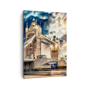 Bild auf Leinwand - Leinwandbild - Tower Bridge in der Abenddämmerung vor einem dynamischen Himmel - 50x70cm - Denkmal des viktorianischen Imperiums - Moderne Wanddekoration für Wohnzimmer und Schlafzimmer ARTTOR