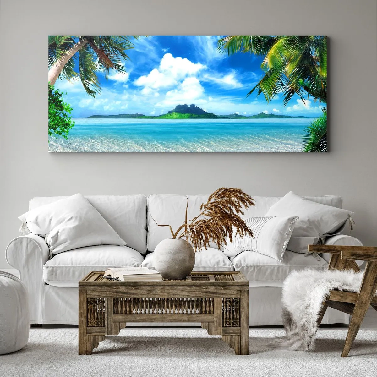 Bild auf Leinwand - Leinwandbild - Tropischer Strand mit Palmen und Blick auf die Insel - 160x50cm - Das Azurblau der Tropen - Moderne Wanddekoration für Wohnzimmer und Schlafzimmer ARTTOR