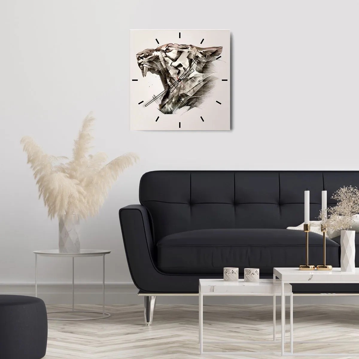 Wanduhr - Glasuhr - Abstraktes Bild eines Tigers in Beigetönen - 30x30cm - Du weißt schon wer das Sagen hat - Moderne Wanddekoration für Wohnzimmer und Schlafzimmer ARTTOR