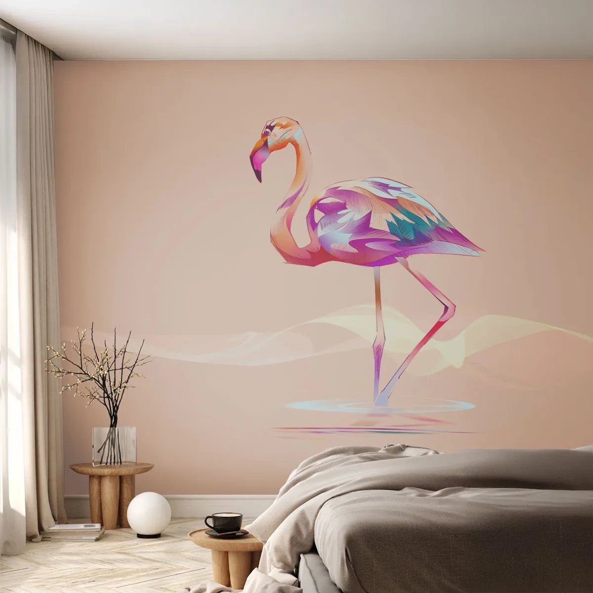 Selbstklebende Fototapete Deluxe Sticker - Der Vogel der guten Gefühle - Flamingo, Vogel, Abstraktion - 450x315 cm