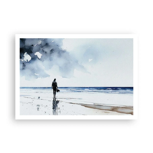 Poster - Eine Figur an einem Strand in einer ruhigen Meeresumgebung - 100x70cm - Gespräch mit dem Meer - Moderne Wanddekoration für Wohnzimmer und Schlafzimmer ARTTOR