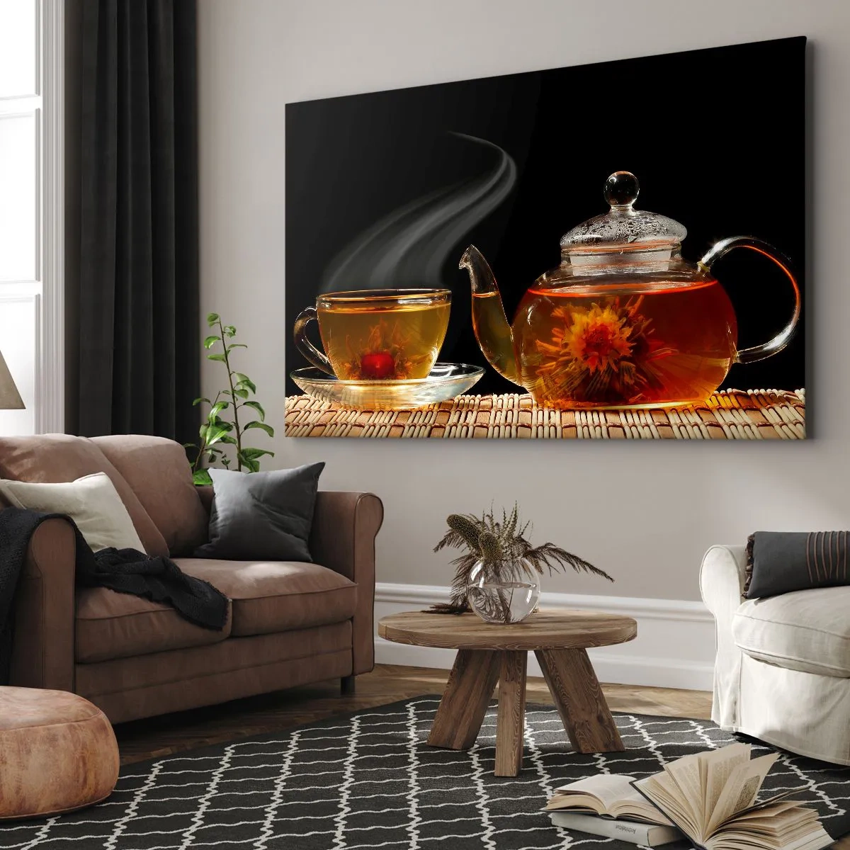 Bild auf Leinwand - Leinwandbild - Glasteekanne mit Blumentee und einer Tasse - 100x70cm - Die Magie und Kunst des Teezubereitens - Moderne Wanddekoration für Wohnzimmer und Schlafzimmer ARTTOR