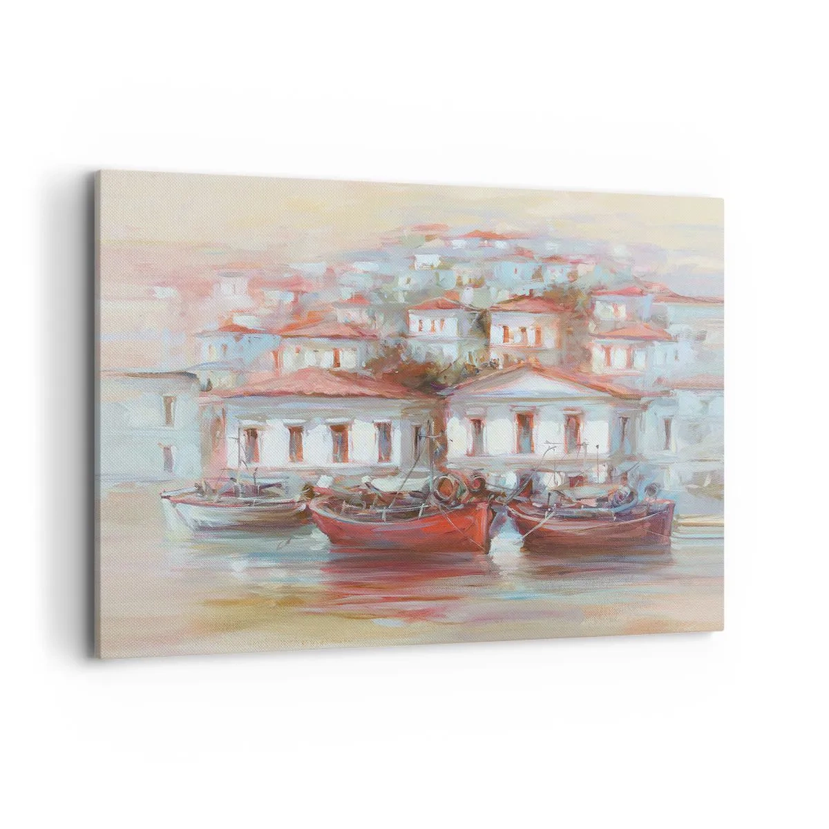 Bild auf Leinwand - Leinwandbild - Bunte Boote und malerische Gebäude am Wasser in Pastelltönen - 120x80cm - Glückliche Stadt - Moderne Wanddekoration für Wohnzimmer und Schlafzimmer ARTTOR