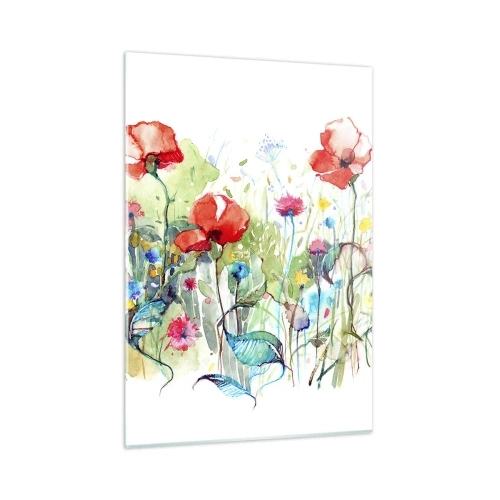Glasbild - Bild auf glas - Bunte Mohnblumen und Wildblumen im Aquarellstil - 50x70cm - Blühende Maiwiese - Moderne Wanddekoration für Wohnzimmer und Schlafzimmer ARTTOR