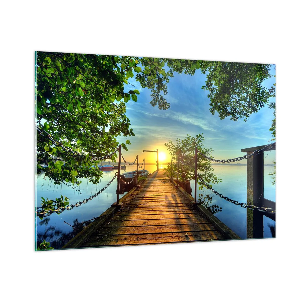 Glasbild - Bild auf glas - Ein Pier mit Blick auf den Sonnenuntergang über dem See - 100x70cm - Westen auf dem Wasser - Moderne Wanddekoration für Wohnzimmer und Schlafzimmer ARTTOR