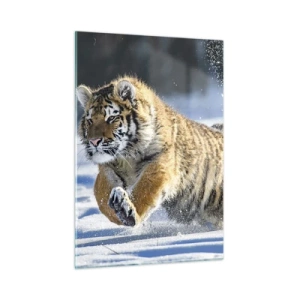 Glasbild - Bild auf glas - Ein sibirischer Tiger läuft durch den Schnee in einer Winterlandschaft. - 50x70cm - Gott der sibirischen Taiga - Moderne Wanddekoration für Wohnzimmer und Schlafzimmer ARTTOR