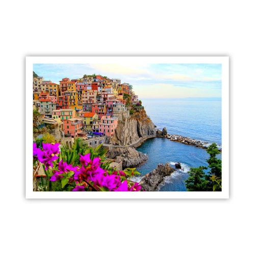 Poster - Bunte Häuser auf einer Klippe mit Blick auf das Meer in einer malerischen Landschaft - 100x70cm - Lachende Stadt - Moderne Wanddekoration für Wohnzimmer und Schlafzimmer ARTTOR