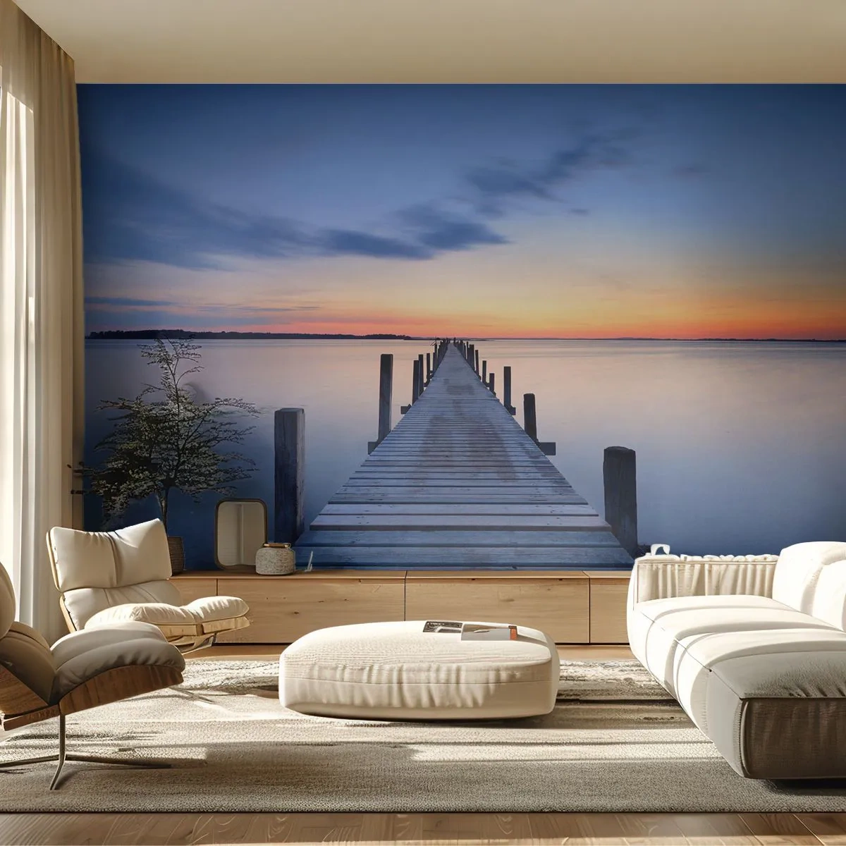 Fototapete Standard Eco - Eine Holzbrücke, die zu einem ruhigen See führt - 100x70cm - Die Ruhe einer heiteren Dämmerung - Moderne Wanddekoration für Wohnzimmer und Schlafzimmer ARTTOR