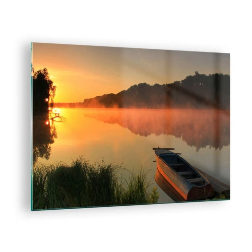 Glasbild - Bild auf glas - Sonnenaufgang über einem ruhigen See mit einem Boot am Ufer - 70x50cm - Sonnenaufgang über dem Wasser wie ein Spiegel - Moderne Wanddekoration für Wohnzimmer und Schlafzimmer ARTTOR