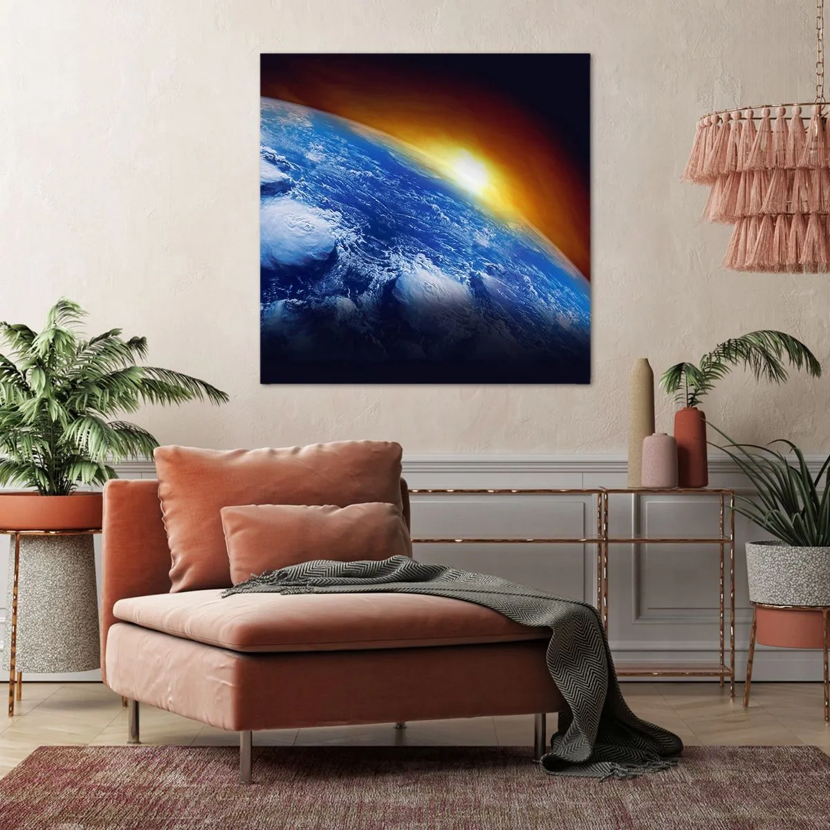 Bild auf Leinwand - Leinwandbild - Sonnenaufgang über dem blauen Planeten - 70x70 cm