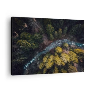 Bild auf Leinwand - Leinwandbild - Ein Blick von oben auf einen Wald mit einem gewundenen Fluss - 70x50cm - Schnell und immer schneller - Moderne Wanddekoration für Wohnzimmer und Schlafzimmer ARTTOR