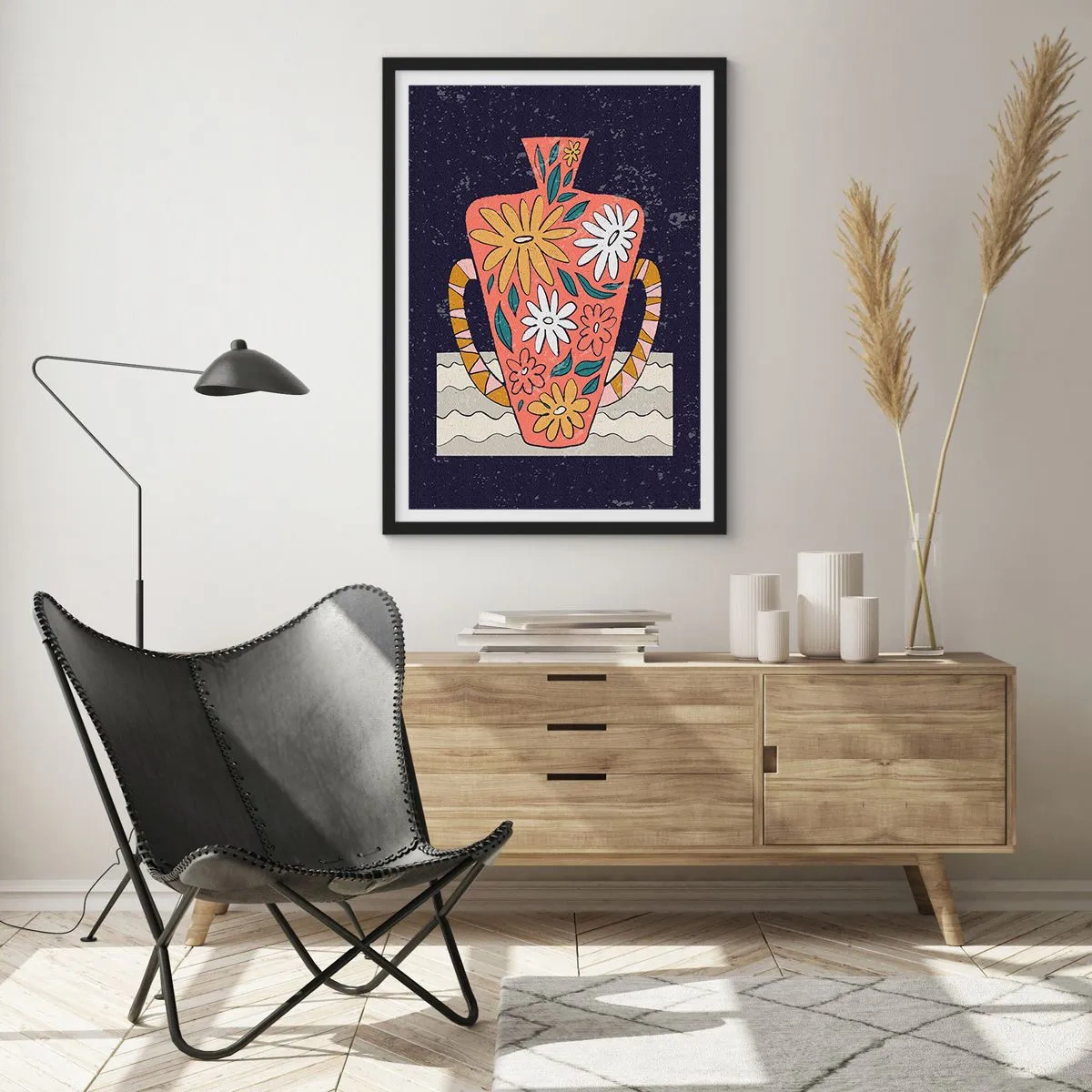 Poster in einem schwarzem Rahmen - Eine bunte Vase mit floralem Muster auf dunklem Hintergrund - 50x70cm - Bemalter Krug - Moderne Wanddekoration für Wohnzimmer und Schlafzimmer ARTTOR