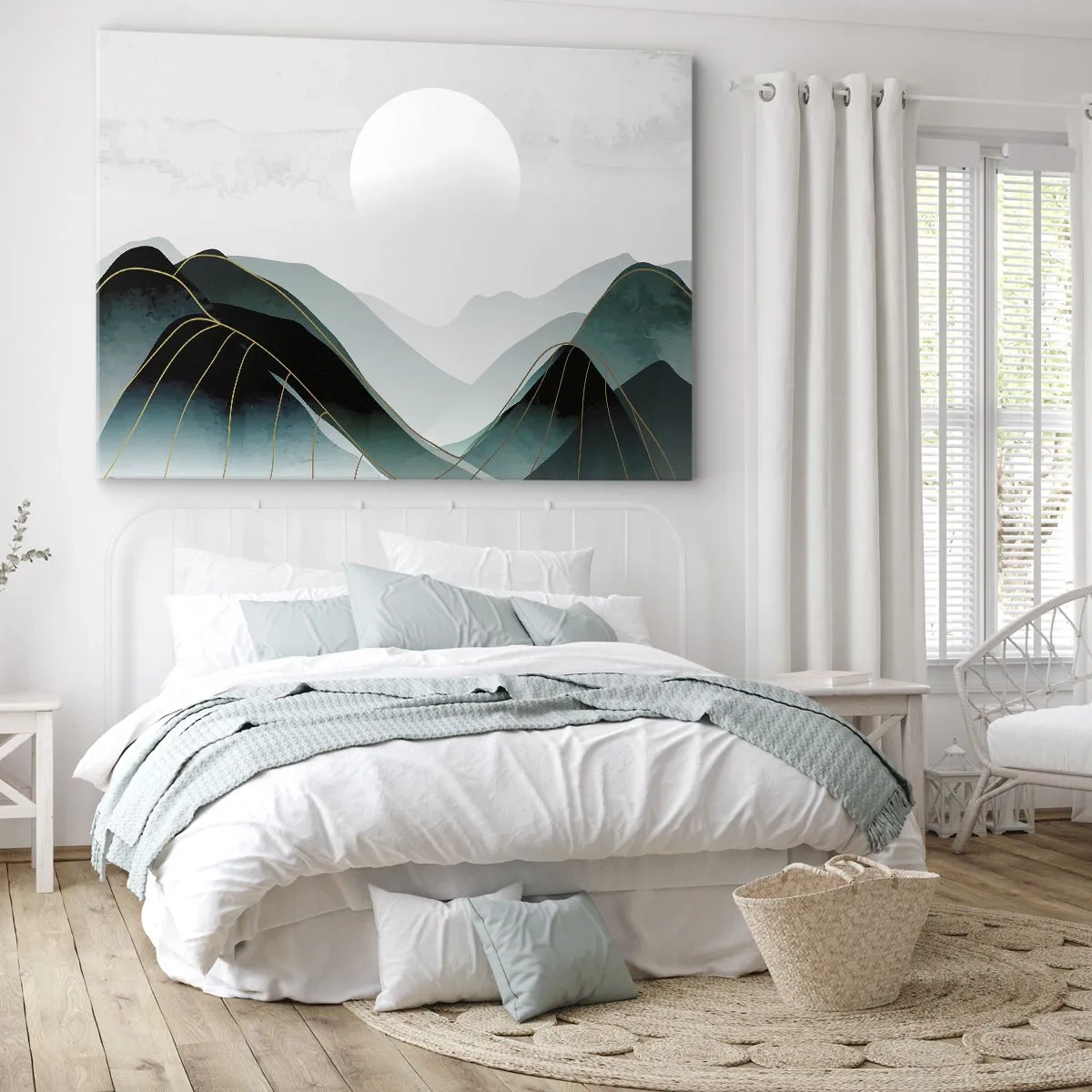 Bild auf Leinwand - Leinwandbild - Abstrakte Berglandschaft mit Mond und goldenen Linien - 70x50cm - In voller Majestät - Moderne Wanddekoration für Wohnzimmer und Schlafzimmer ARTTOR