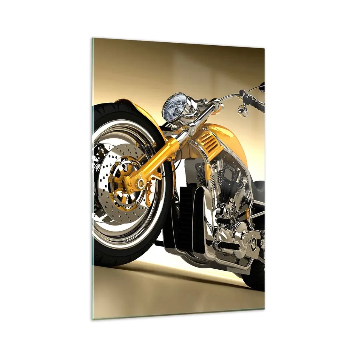 Glasbild - Bild auf glas - Ein gelbes Motorrad im Chopper-Stil vor einer beigen Wand - 80x120cm - Ein Traum von Kraft und Geschwindigkeit - Moderne Wanddekoration für Wohnzimmer und Schlafzimmer ARTTOR