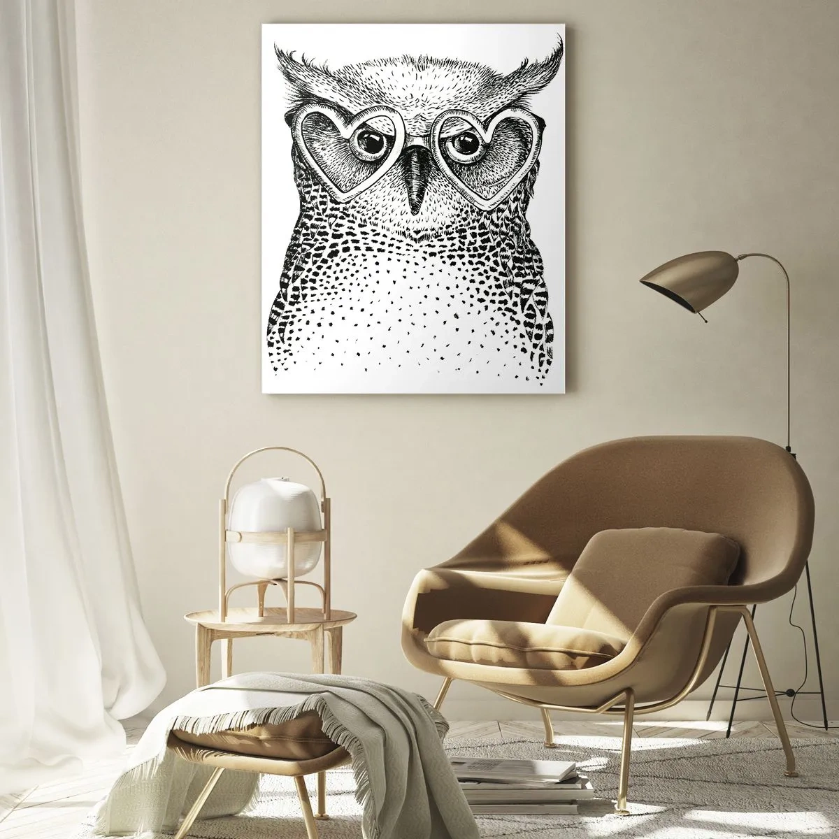 Glasbild - Bild auf glas - Abbildung einer Eule mit herzförmiger Brille - 50x70cm - Klug und mit Liebe - Moderne Wanddekoration für Wohnzimmer und Schlafzimmer ARTTOR