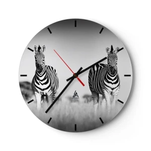 Wanduhr - Glasuhr - Zwei Zebras in der Savanne in Schwarz und Weiß - 30x30cm - Die Welt ist doch schwarz-weiß - Moderne Wanddekoration für Wohnzimmer, Küche und Schlafzimmer ARTTOR