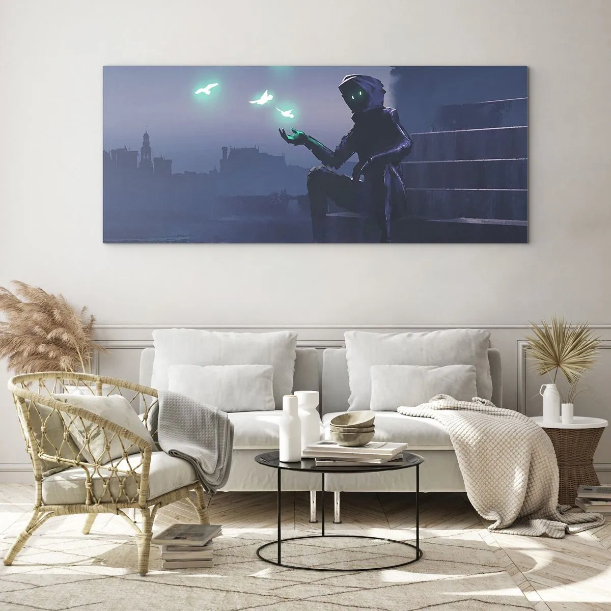 Glasbild - Bild auf glas - Eine vermummte Figur mit magischen Vögeln im Hintergrund einer Stadt - 120x50cm - Das Leben wird zurückkommen - Moderne Wanddekoration für Wohnzimmer und Schlafzimmer ARTTOR