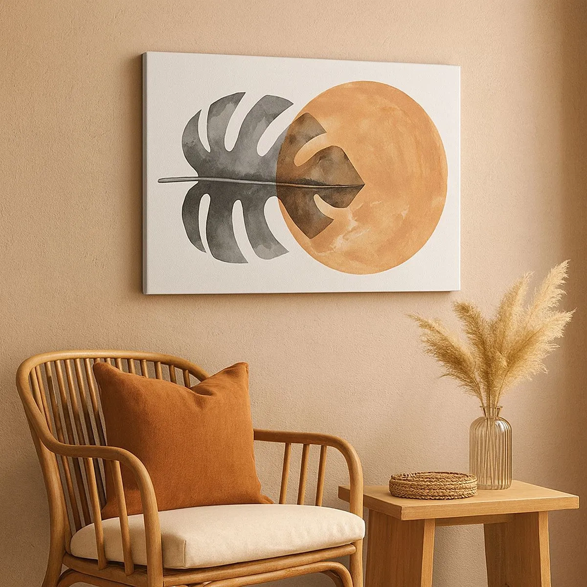 Bild auf Leinwand - Leinwandbild - Monstera-Blatt und goldener Kreis auf hellem Hintergrund - 70x50cm - Immer die Sonne - Moderne Wanddekoration für Wohnzimmer und Schlafzimmer ARTTOR