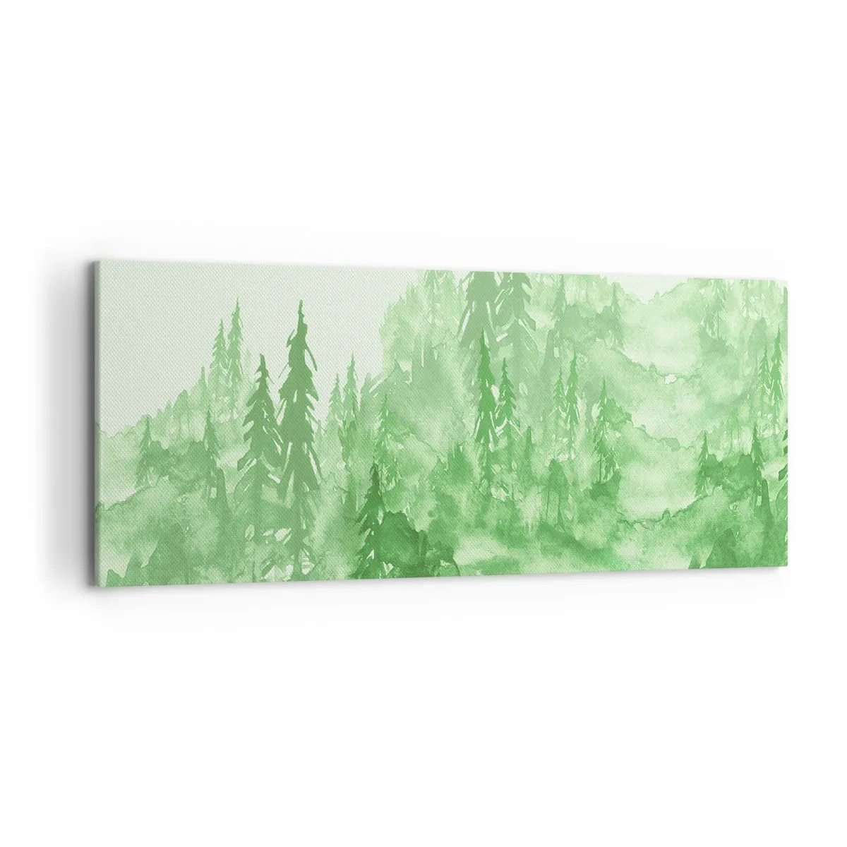 Bild auf Leinwand - Leinwandbild - Grüner Wald im Aquarellstil auf hellem Hintergrund - 120x50cm - Verschwommen mit grünem Nebel - Moderne Wanddekoration für Wohnzimmer und Schlafzimmer ARTTOR