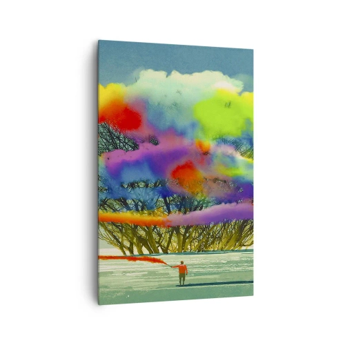 Bild auf Leinwand - Leinwandbild - Eine Figur mit farbigem Rauch im Hintergrund eines Baumes in der Wildnis - 80x120cm - Erwecke diese Welt zum Leben - Moderne Wanddekoration für Wohnzimmer und Schlafzimmer ARTTOR