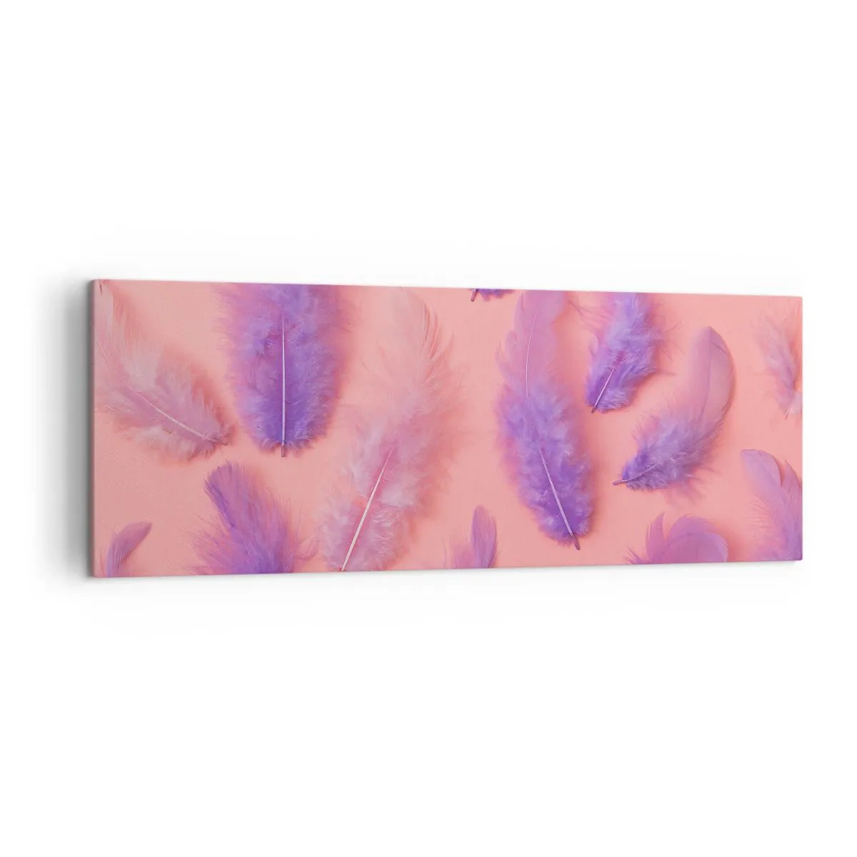 Bild auf Leinwand - Leinwandbild - Lila und rosa Federn auf pastellfarbenem Hintergrund - 140x50cm - Lila Vogel der Begierde - Moderne Wanddekoration für Wohnzimmer und Schlafzimmer ARTTOR