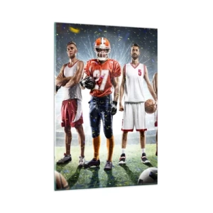 Glasbild - Bild auf glas - Eine dynamische Szene von Athleten verschiedener Disziplinen im Stadion unter dem Scheinwerferlicht - 80x120cm - Feldgladiatoren - Moderne Wanddekoration für Wohnzimmer und Schlafzimmer ARTTOR