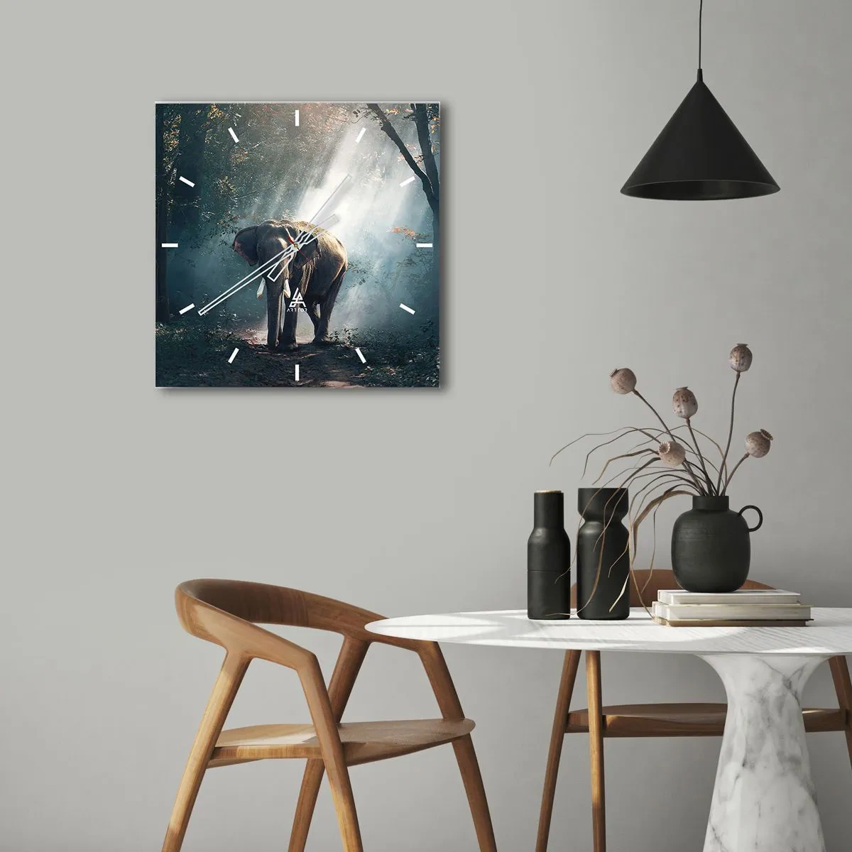 Wanduhr - Glasuhr - Elefant im Waldlicht - 30x30cm - Ein gemütlicher Spaziergang - Moderne Wanddekoration für Wohnzimmer und Schlafzimmer ARTTOR