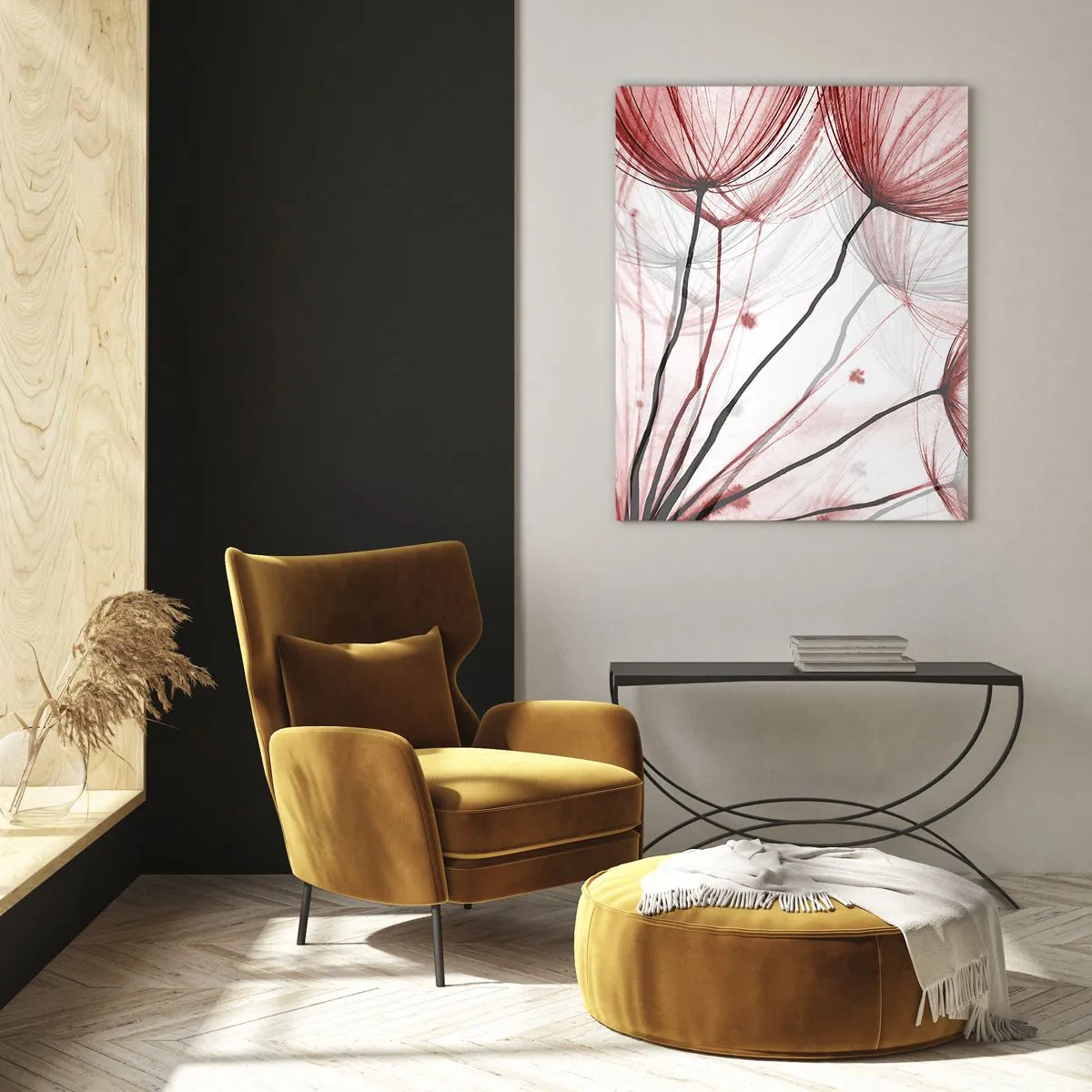 Glasbild - Bild auf glas - Zarte Blüten in Rottönen auf hellem Untergrund - 80x120cm - Vor der Abfahrt - Moderne Wanddekoration für Wohnzimmer und Schlafzimmer ARTTOR