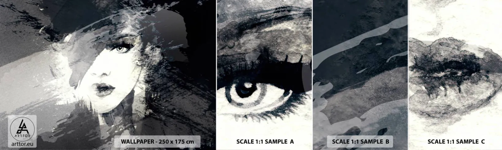 Fototapeten Muster Selbstklebend Deluxe Sticker - Hinter einem grauen Schleier - Das Gesicht einer Frau, Schwarz und weiß, Augen - 100x30 cm