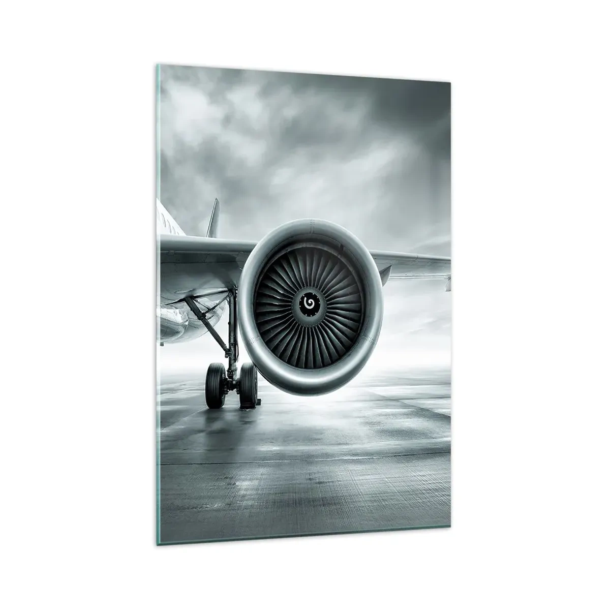 Glasbild - Bild auf glas - Das Düsentriebwerk eines Flugzeugs auf dem Rollfeld - 80x120cm - Die Macht ist da! - Moderne Wanddekoration für Wohnzimmer und Schlafzimmer ARTTOR