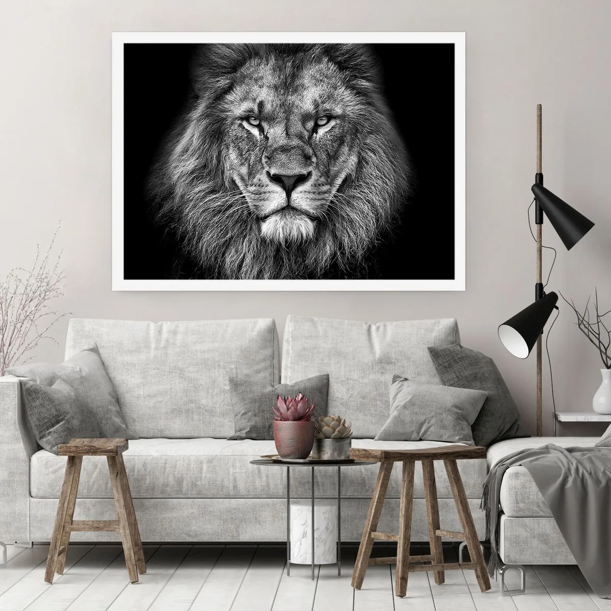 Poster - Porträt eines majestätischen Löwen in Schwarz und Weiß - 100x70cm - Im Krönungsgewand - Moderne Wanddekoration für Wohnzimmer und Schlafzimmer ARTTOR
