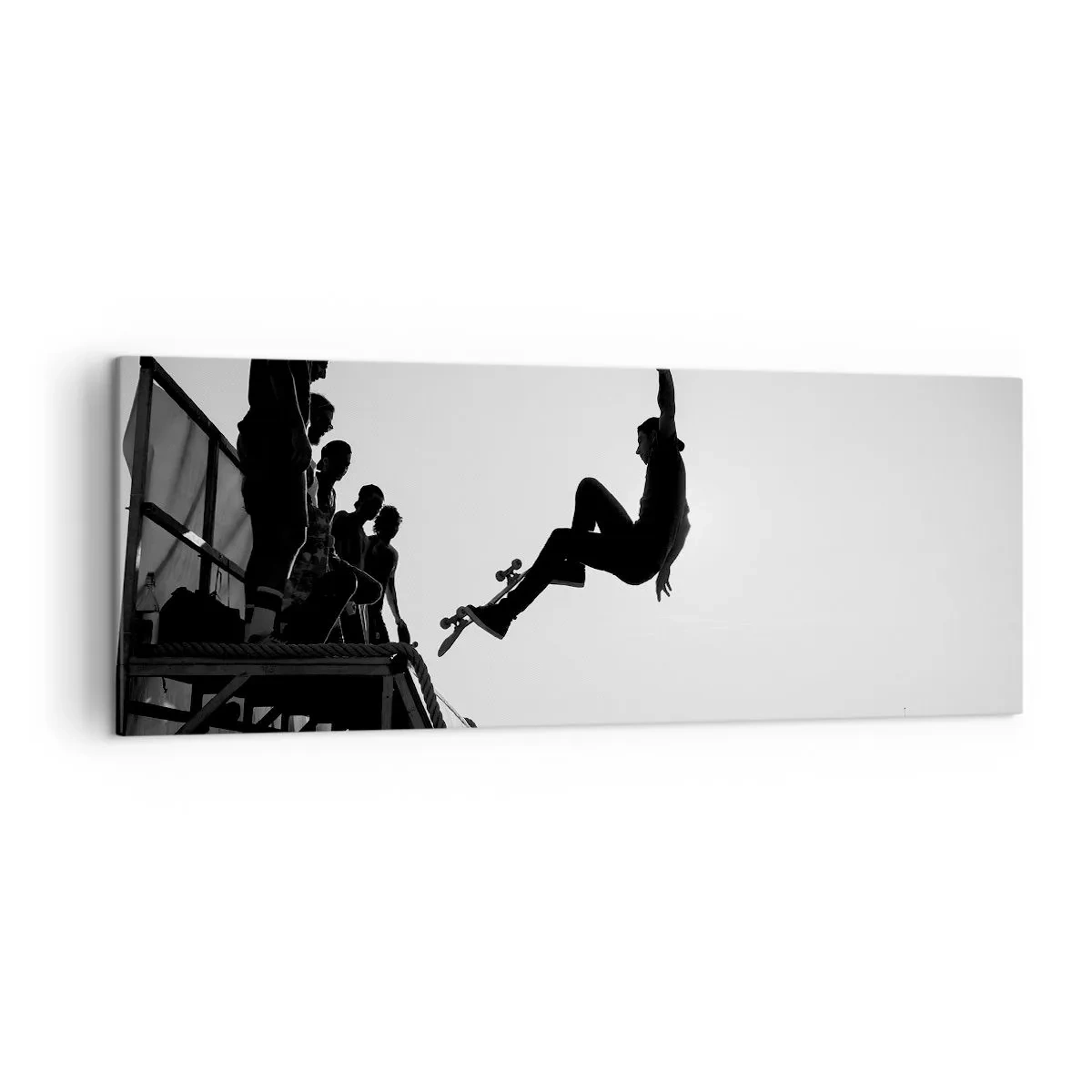 Bild auf Leinwand - Leinwandbild - Schwarz-weiße Skateboardszene auf einer Rampe - 140x50cm - Helden und Zuschauer - Moderne Wanddekoration für Wohnzimmer und Schlafzimmer ARTTOR