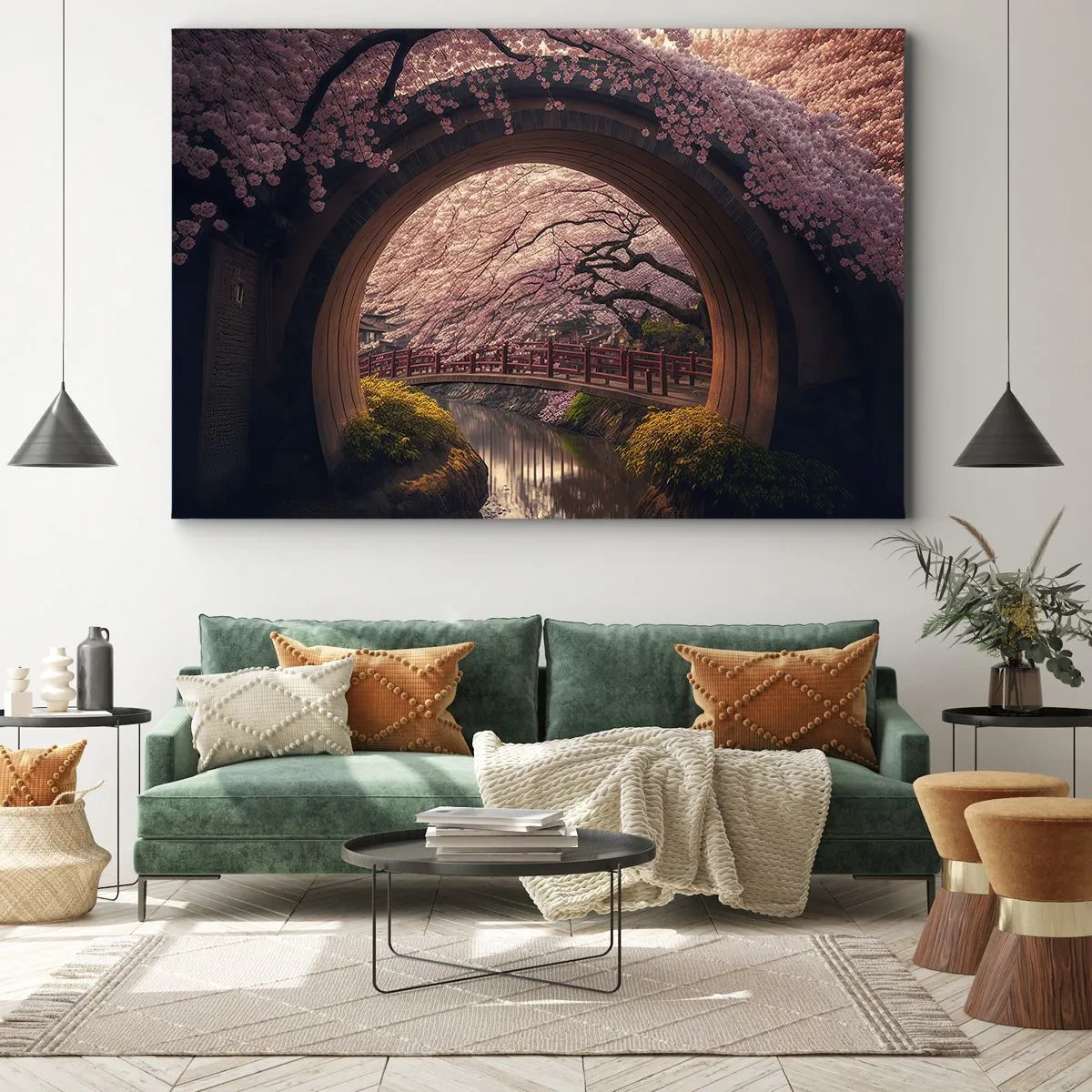Bild auf Leinwand - Leinwandbild - Eine traditionelle japanische Brücke, umgeben von Kirschblüten - 100x70cm - Japanischer Frühling - Moderne Wanddekoration für Wohnzimmer und Schlafzimmer ARTTOR