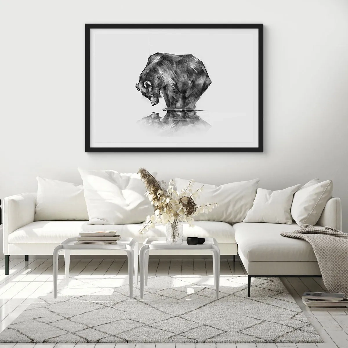 Poster in einem schwarzem Rahmen - Eine Zeichnung eines Bären im minimalistischen Stil - 100x70cm - Schön, jemanden in der Nähe zu sehen - Moderne Wanddekoration für Wohnzimmer und Schlafzimmer ARTTOR