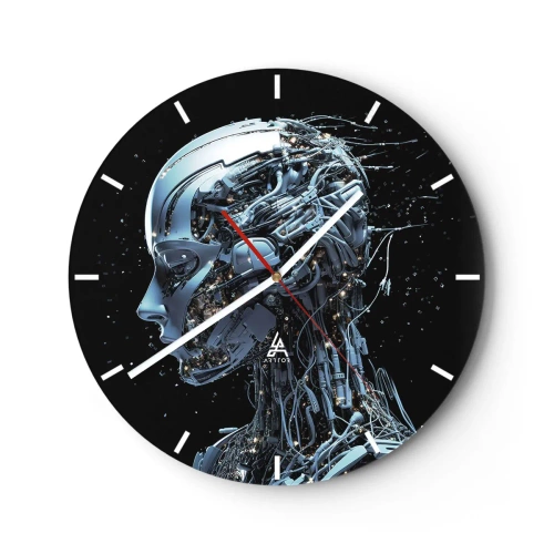 Wanduhr - Glasuhr - Profil eines humanoiden Roboters aus futuristischen Kabeln - 30x30cm - Technologie ist eine Frau - Moderne Wanddekoration für Wohnzimmer, Küche und Schlafzimmer ARTTOR