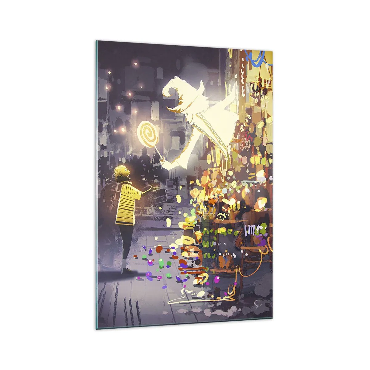 Glasbild - Bild auf glas - Eine Märchenfigur und ein Kind auf einer Straße voller Lichter und Magie - 70x100cm - Magie ist da - Moderne Wanddekoration für Wohnzimmer und Schlafzimmer ARTTOR