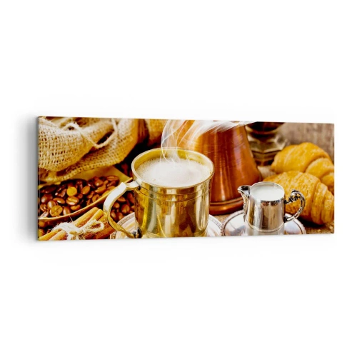 Bild auf Leinwand - Leinwandbild - Eine goldene Tasse Kaffee, umgeben von Bohnen, Krügen und Croissants - 140x50cm - Schönen Tag noch! - Moderne Wanddekoration für Wohnzimmer und Schlafzimmer ARTTOR
