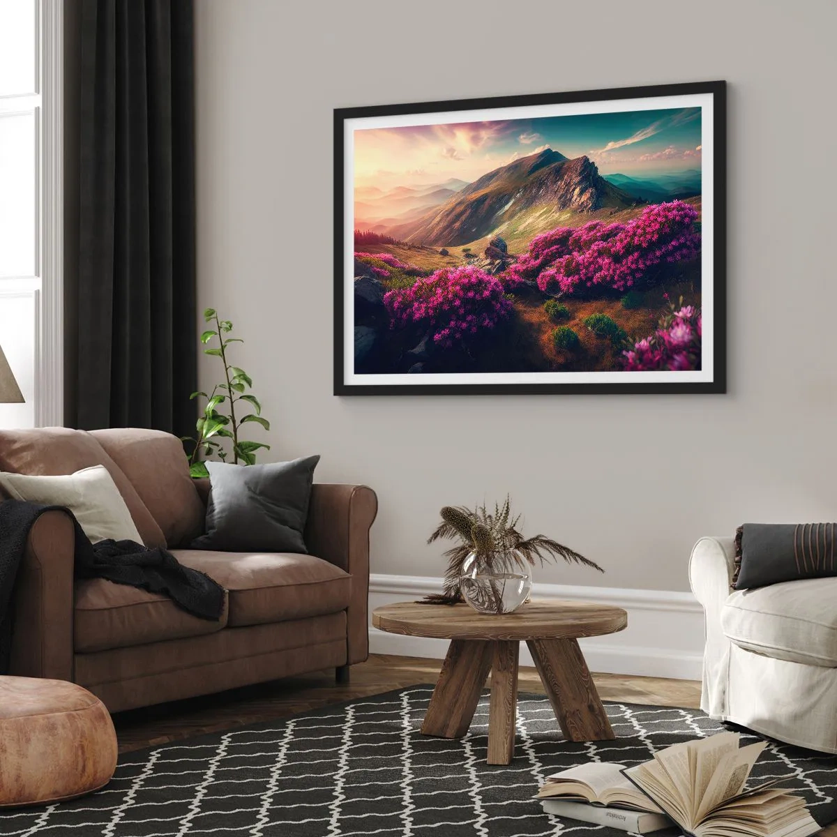 Poster in einem schwarzem Rahmen - Berglandschaft mit blühenden Rhododendren - 70x50cm - Sommer in den Bergen - Moderne Wanddekoration für Wohnzimmer und Schlafzimmer ARTTOR