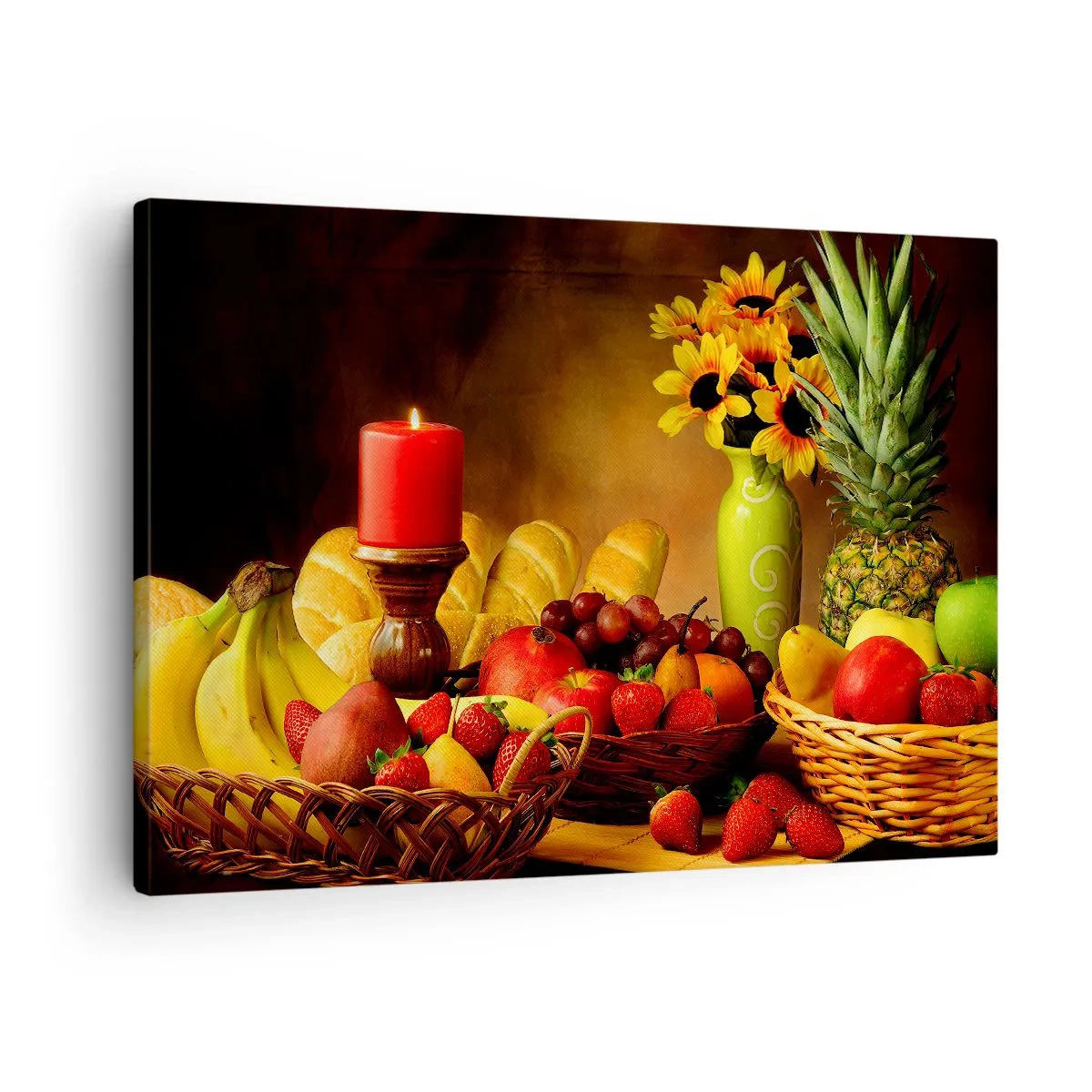 Bild auf Leinwand - Leinwandbild - Stillleben mit Früchten, Brot, Kerze und Blumen - 70x50cm - Stillleben mit Brot und Obst - Moderne Wanddekoration für Wohnzimmer und Schlafzimmer ARTTOR