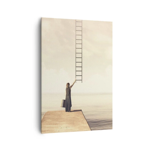 Bild auf Leinwand - Leinwandbild - Eine Frau steht auf einem Pier mit einer Leiter, die in den Himmel führt - 70x100cm - Eine magische Reise - Moderne Wanddekoration für Wohnzimmer und Schlafzimmer ARTTOR