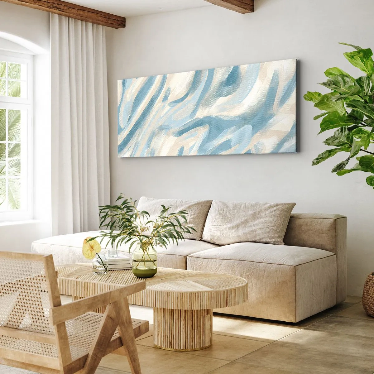 Bild auf Leinwand - Leinwandbild - Abstrakte blaue Streifen auf hellem Hintergrund - 140x50cm - Frühlingsbrisen - Moderne Wanddekoration für Wohnzimmer und Schlafzimmer ARTTOR