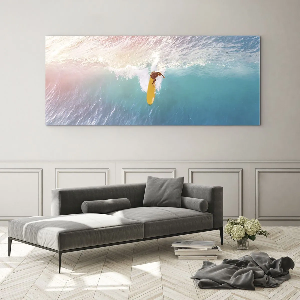 Glasbild - Bild auf glas - Surfer auf einer Welle in Pastellfarben - 120x50cm - Der Ozeanreiter - Moderne Wanddekoration für Wohnzimmer und Schlafzimmer ARTTOR