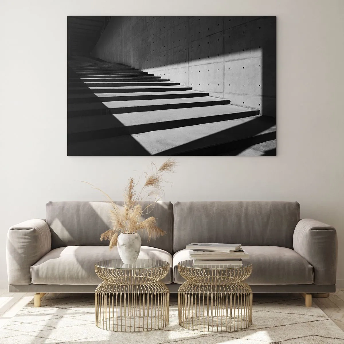 Glasbild - Bild auf glas - Betontreppen in scharfem Licht und Schatten im modernen Stil - 120x80cm - Rohe Schönheit des Modernismus - Moderne Wanddekoration für Wohnzimmer und Schlafzimmer ARTTOR
