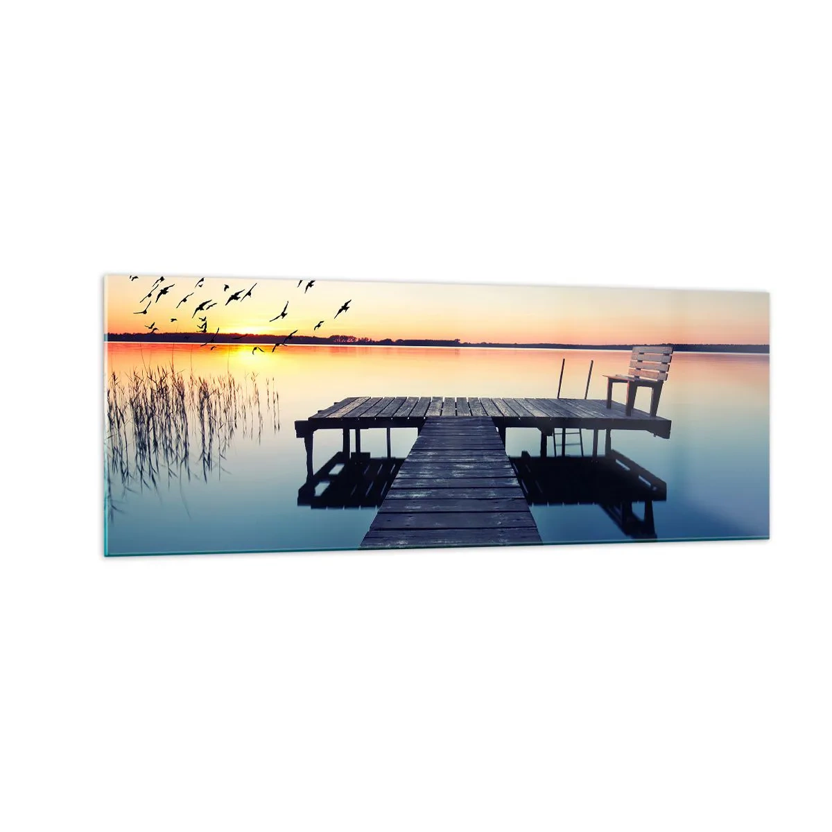 Glasbild - Bild auf glas - Holzsteg auf einem See bei Sonnenaufgang mit Vögeln - 140x50cm - Das war ein guter Tag - Moderne Wanddekoration für Wohnzimmer und Schlafzimmer ARTTOR