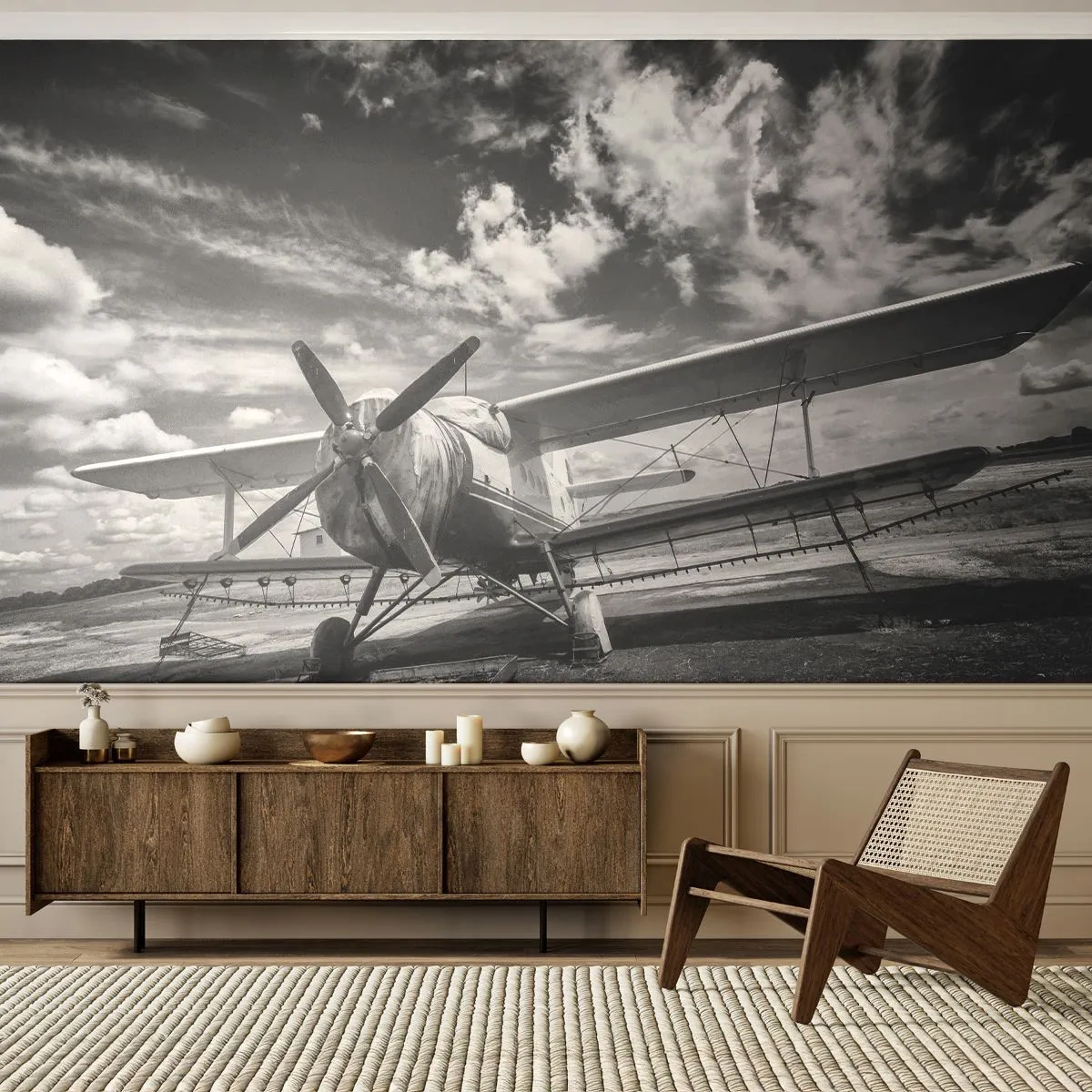 Fototapete Standard Eco - Ich kann es kaum erwarten! - Flugzeug, Flugzeug, Schwarz und weiß - 200x140 cm